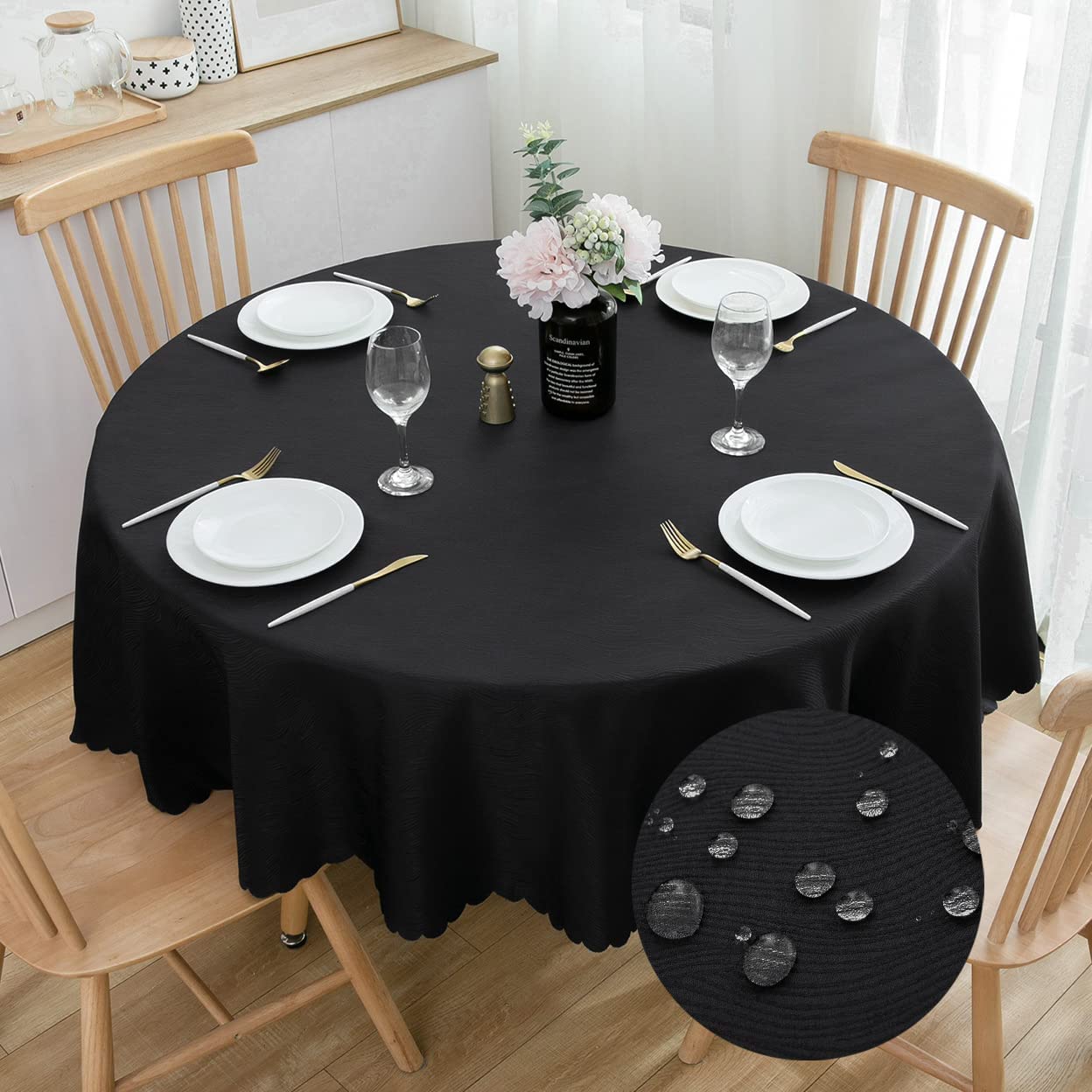 SPRICA Round Jacquard Tablecloth Water Resistance Solid Colour Heavy Weight Soft Table Cover, Machine Washable, Round 160cm, Black — image 1
