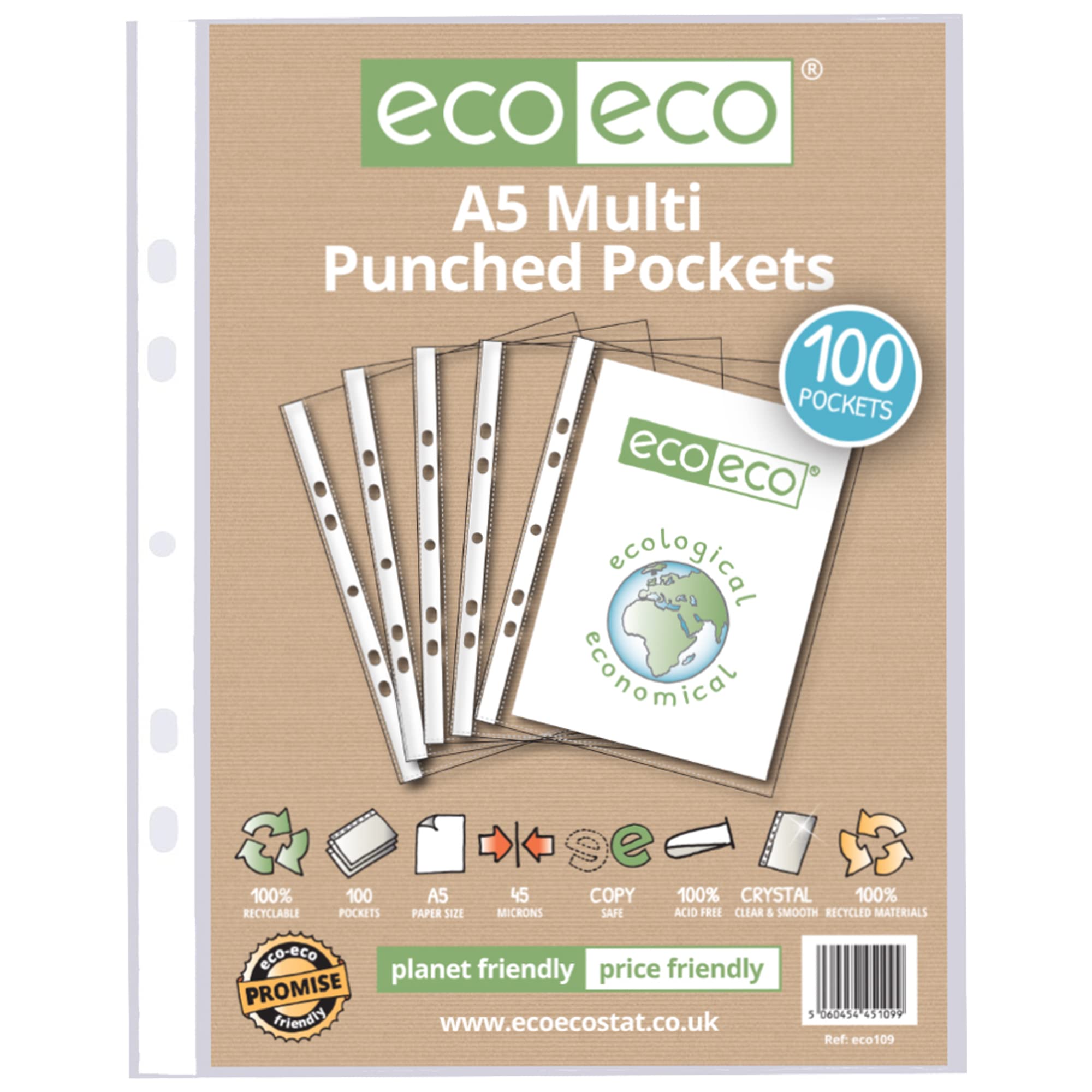 eco-eco A5 100% Recycled Premier Multi Punched Pockets Glass Clear, Transparent Poly Wallet Sheet Protector, 45 Microns (Pack of 100), eco109