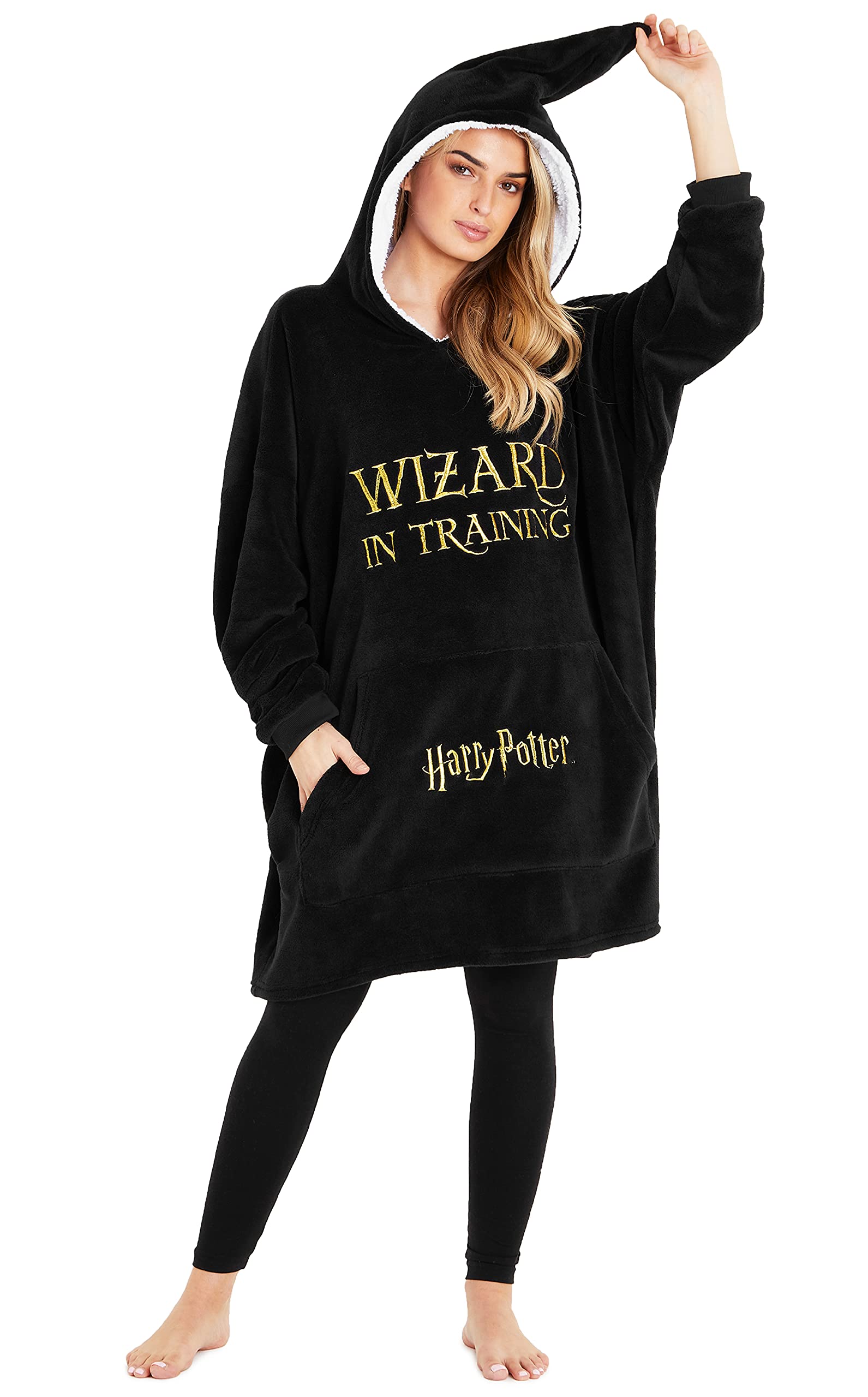 Harry Potter Oversized Blanket Hoodie for Women & Teens, Sherpa Fleece Wearable Blanket with Hood & Pocket, Gifts for Adults (Black)