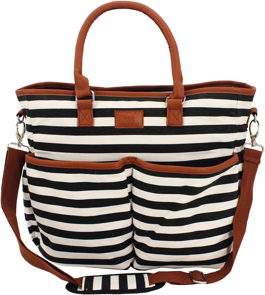 IHONEY Canvas Diaper Bag Adjustable Shoulder Strap Bag With Changing Pad (Black/White)