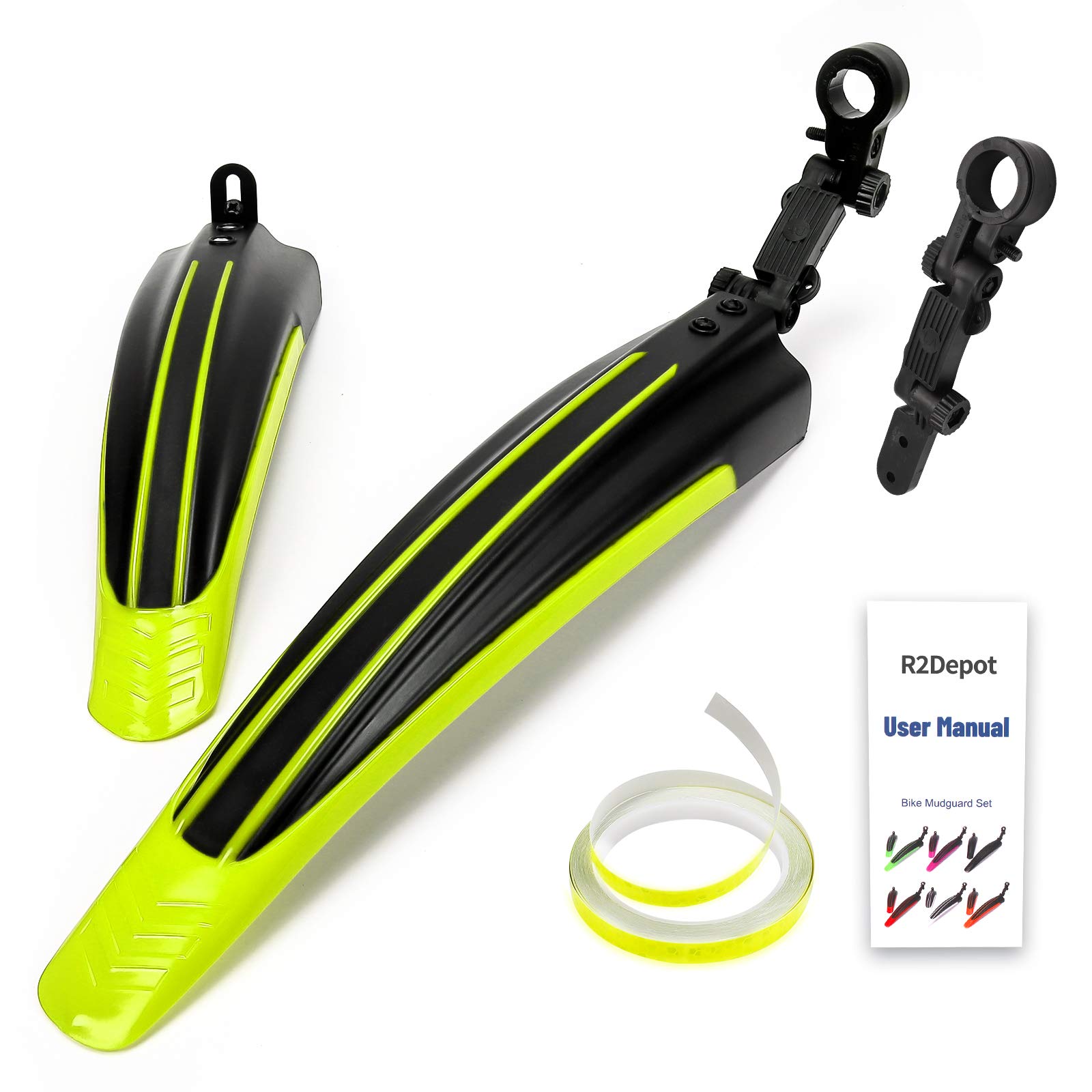 Bike Mudguard Set with 8M DIY Reflective Tape, 2 Parts-Universal Full Cover Thicken Widen Bicycle Fender Set, Front/Rear Mud Guards Fit for 20"/22"/24"/26" MTB Mountain Road Bike(Black Neon Yellow)