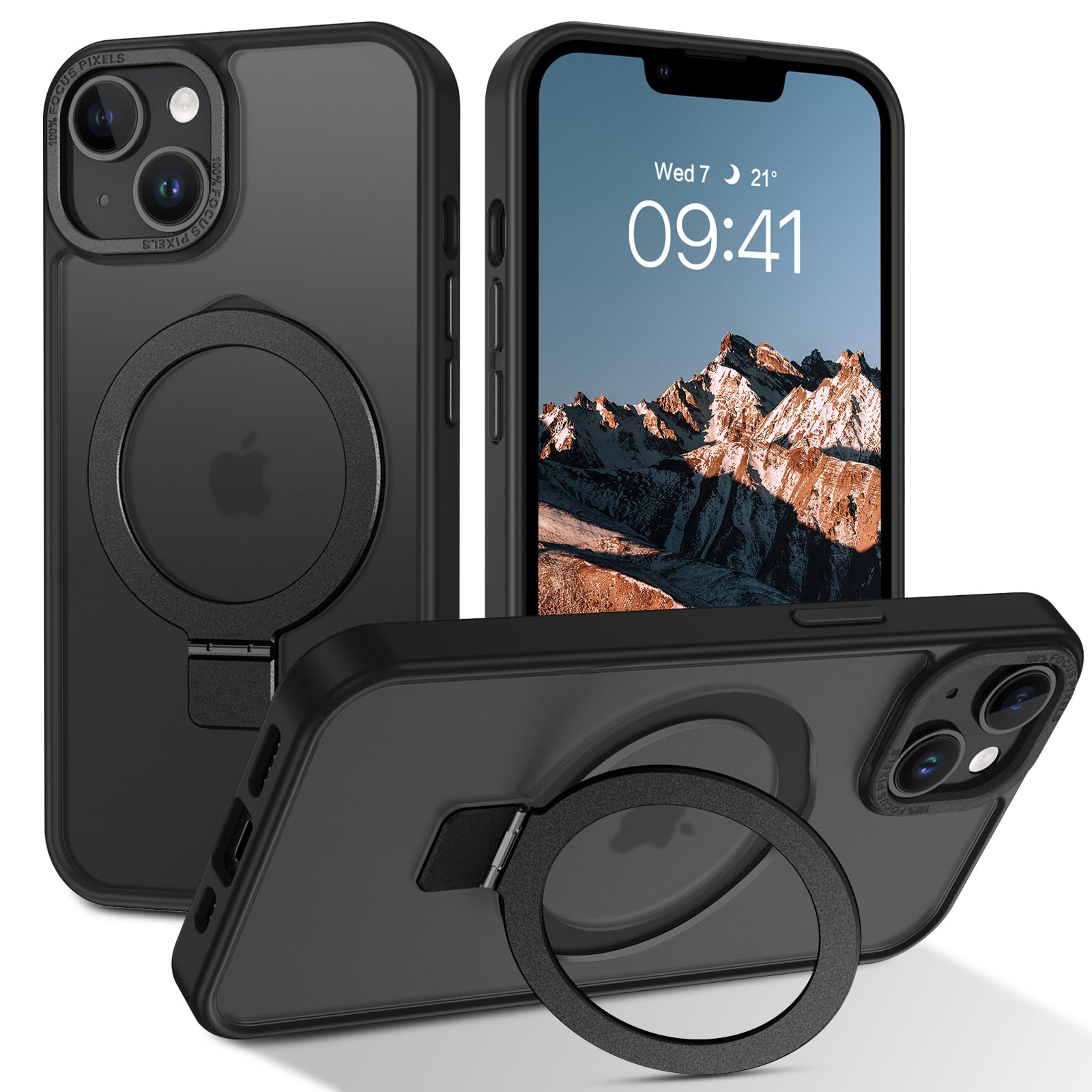 Telaso Magnetic for iPhone 14/iPhone 13 Case, Compatible with Magsafe with Magnetic Stand Ring Holder, Translucent Matte Back TPU Bumper Military Grade Protective Case for iPhone 14/iPhone 13, Black