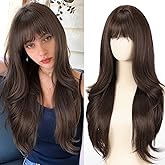 testar Natural Black Long Wavy Wigs for Women with Bangs Synthetic Layered Heat Resistant Wig for Girls Daily Party Cosplay Halloween Use