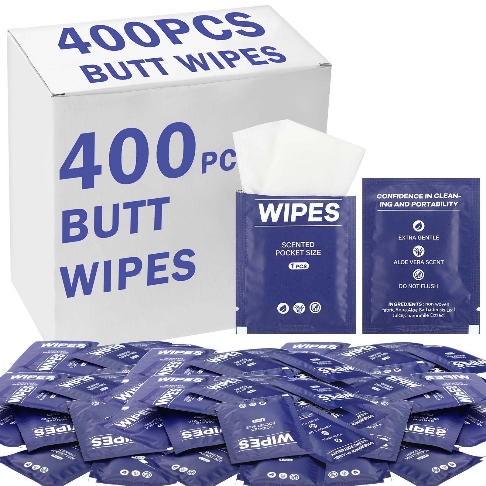 Photo 1 of 400 Pcs Butt Wet Wipes for Women Individually Wrapped Wipes for Women Man Travel Hand Face Body Cleaning Adults Bathroom Toilet Daily Use(Blue)
