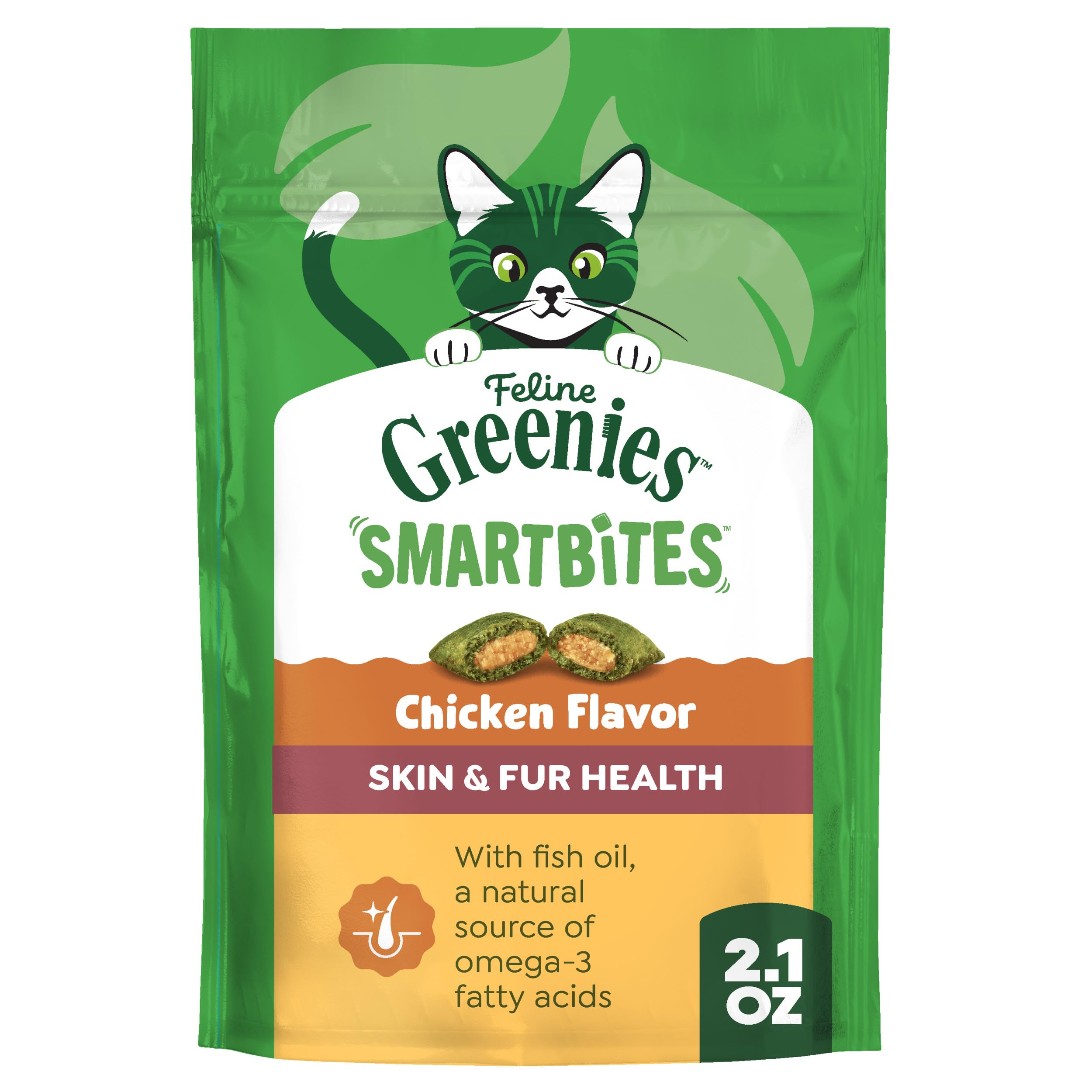 FELINE GREENIES SMARTBITES Skin & Fur Crunchy and Soft Natural Cat Treats, Chicken Flavor, 2.1 oz. Pack