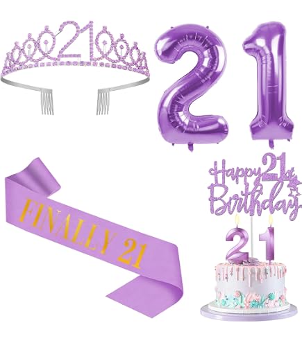 Glitzer-Cake-Topper Set 'Happy 21st Birthday' – 1 Großer + 5 Kleine Topper, In Lila