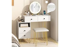 CHARMAID Vanity Desk with Lighted Mirror & Charging Station, 4 Drawers, Storage Cube, 3 Lighting Modes, Modern Makeup Vanity 