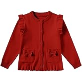 Girls Cardigan Sweater School Uniforms Button Crewneck Cute Ruffle Long Sleeve with Pockets Bowknot Knit Tops