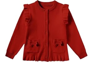 LIFAKY Girls Cardigan Sweater School Uniforms Button Crewneck Cute Ruffle Long Sleeve with Pockets Bowknot Knit Tops