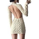 xxxiticat Women's High Neck Sweater Dress Long Sleeve Backless Cut Out See Through Cable Knitted Turtleneck Sweaters