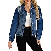 LifeShe Denim Jacket for Women Basic Fitted Distressed Jean Jackets Spring Ripped Shacket Coats Trendy