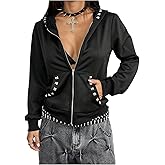 BEAUDRM Women's Metal Studded Hoodie Y2k Zip Up Long Sleeve Hooded Sweatshirts Fall Jacket Hip Hop Outfits