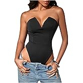 Milumia Women's Strapless Deep V Neck Bodysuit Sexy Backless Slim Fitted Tube Tops