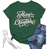 Merry Christmas T-Shirts: Women Holly Jolly Tee Cute Bow Christmas Tree Graphic Shirts Xmas Casual Tops