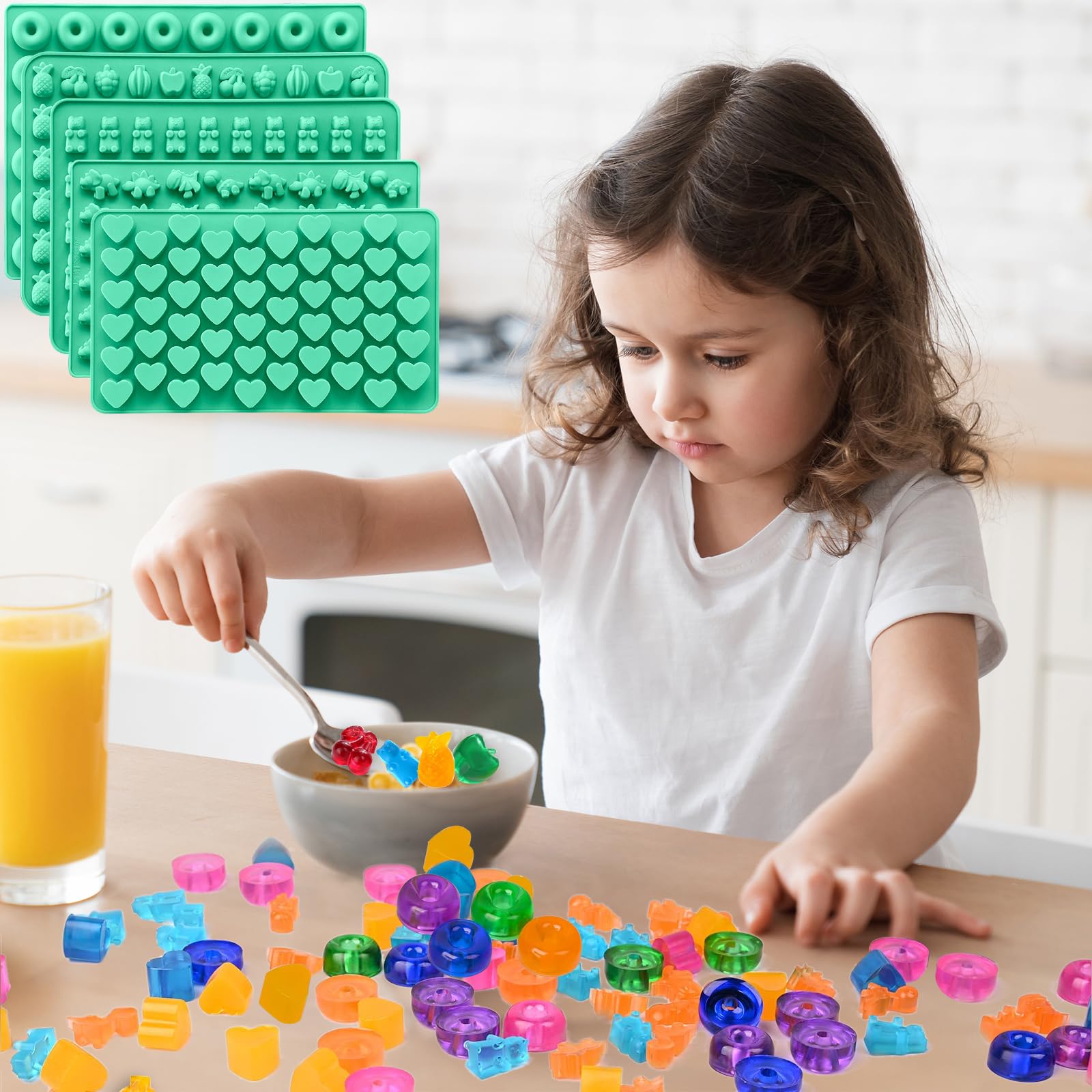 Silicone Gummy Molds Set of 5, Candy Molds Silicone with 2 Droppers for Convenient Filling, Gummy Molds Set Includes Dinosaur, Bear, Donut, Heart and Fruit