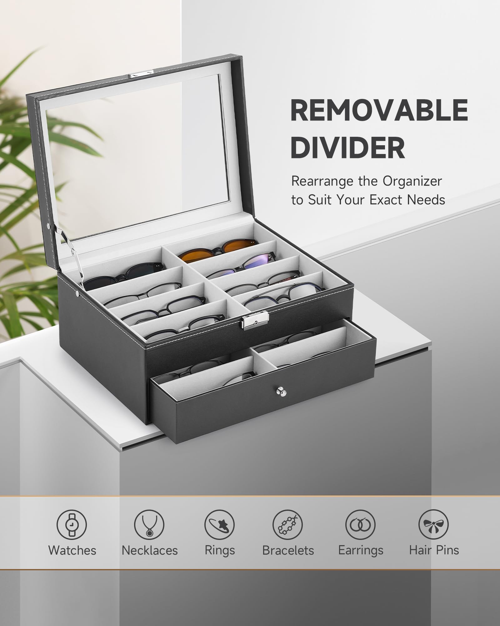 CO-Z 16 Compartment Sunglasses Organizer, Leather Eyeglasses Storage Box for Women Men, Lockable Eyewear Display Case with Drawer, Glasses Holder with 16 Slots for Watches Jewelry Collection, Black