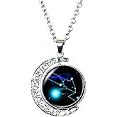 DEQIYIJI Zodiac Necklace Jewelry Birthday Gifts Astrology 12 Constellation Horoscope Sign Galaxy Crescent Half Moon Pendant Necklace