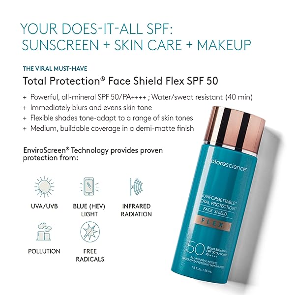 COLORESCIENCE 50 TO 70 SPF TOTAL PROTECTION FACE SHIELD FLEX SPF 50, ZINC OXIDE FORMULA, TAN, 1.8 FL. OZ.
