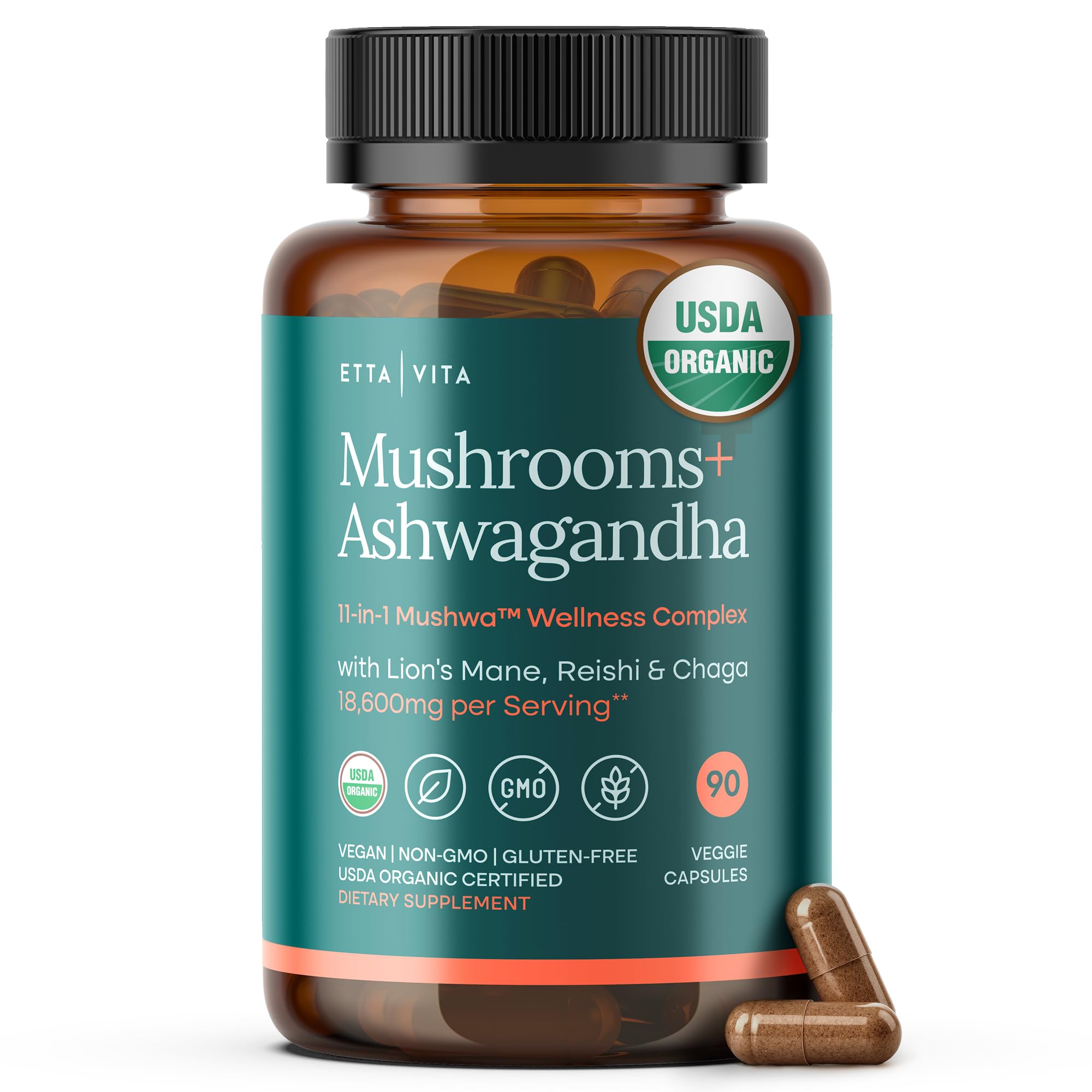 USDA Organic Lions Mane Supplement Capsules with Ashwagandha, Chaga, Reishi, Cordyceps, Turkey Tail (18,600mg/serv) 10x Adaptogenic Mushroom Complex as Focus Supplement - Energy, Immunity & Nootropic