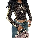 SweatyRocks Women's Leopard Print Long Sleeve Crop Tops Y2k Crewneck Fitted Graphic T Shirts