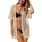 CHICGAL Women Swimsuit Coverup Crochet Beach Cover Up Short Sleeve Kimono Cardigans Causal Bikini Open Front Outfits