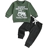 Toddler Baby Boy Fall Winter Clothes Letters Tractors Print Long Sleeve Crewneck Sweatshirt and Pants Cute Outfits