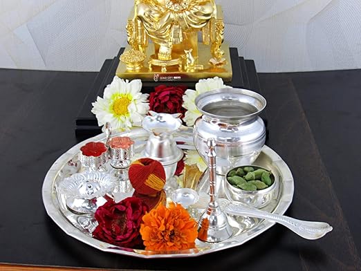 GoldGiftIdeas Silver-Plated Kalash Pooja Thali Set (Silver)