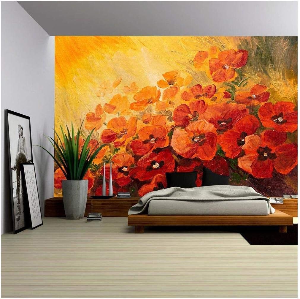 wall26 - Oil Painting - Abstract Illustration of Poppies on a red-Yellow Background, Wallpaper - Removable Wall Mural | Self-Adhesive Large Wallpaper - 100x144 inches