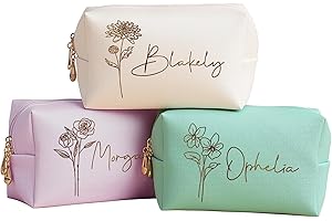 DayOfShe Personalized Makeup Bag with Name and Birth Flower Bridesmaid Gifts Stocking Stuffers for Women Teenage Girls Gifts, Custom Travel Makeup bag for Bridal Shower Gifts