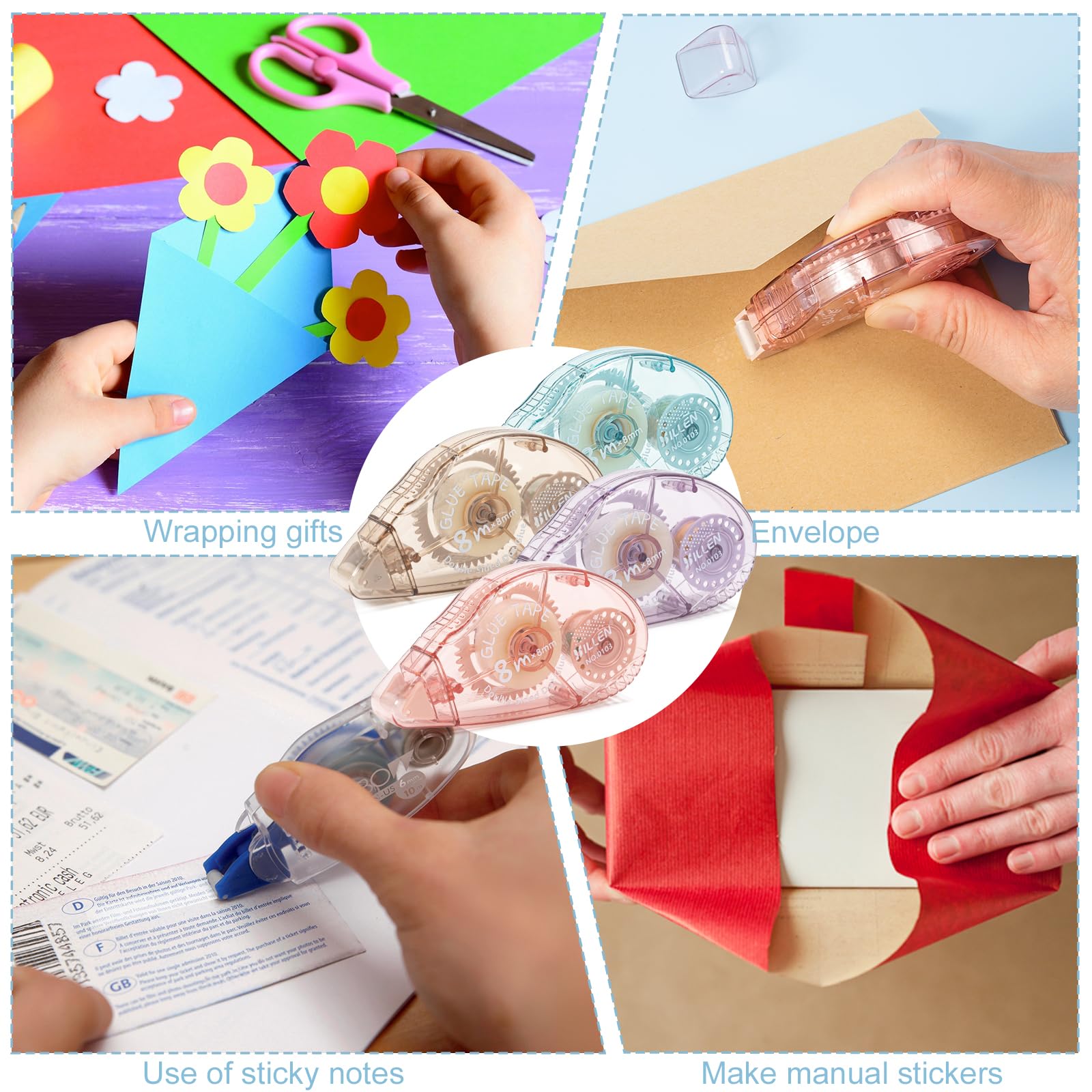 4 Pack Double Sided Tape Roller, Scrapbook Supplies, Glue Tape Roller for Crafts, Double-Sided Adhesive Tape Runner for scrapbooking, School Office Journaling Supplies (0.31 inch X 26.25 feet)