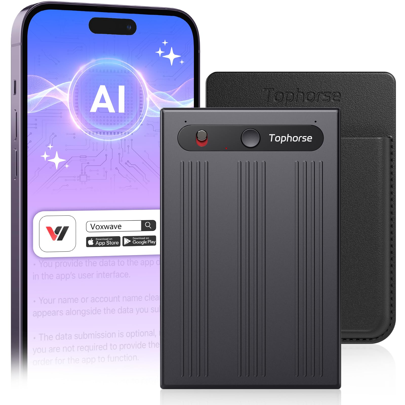 Photo 1 of Tophorse AI Voice Recorder, Free Transcribe & Summarize with AI Technology, Digital Voice Recorder w/Case, App Control, Support 101 Languages, 64GB Memory, Voice Recorder for Meetings, Calls, Black