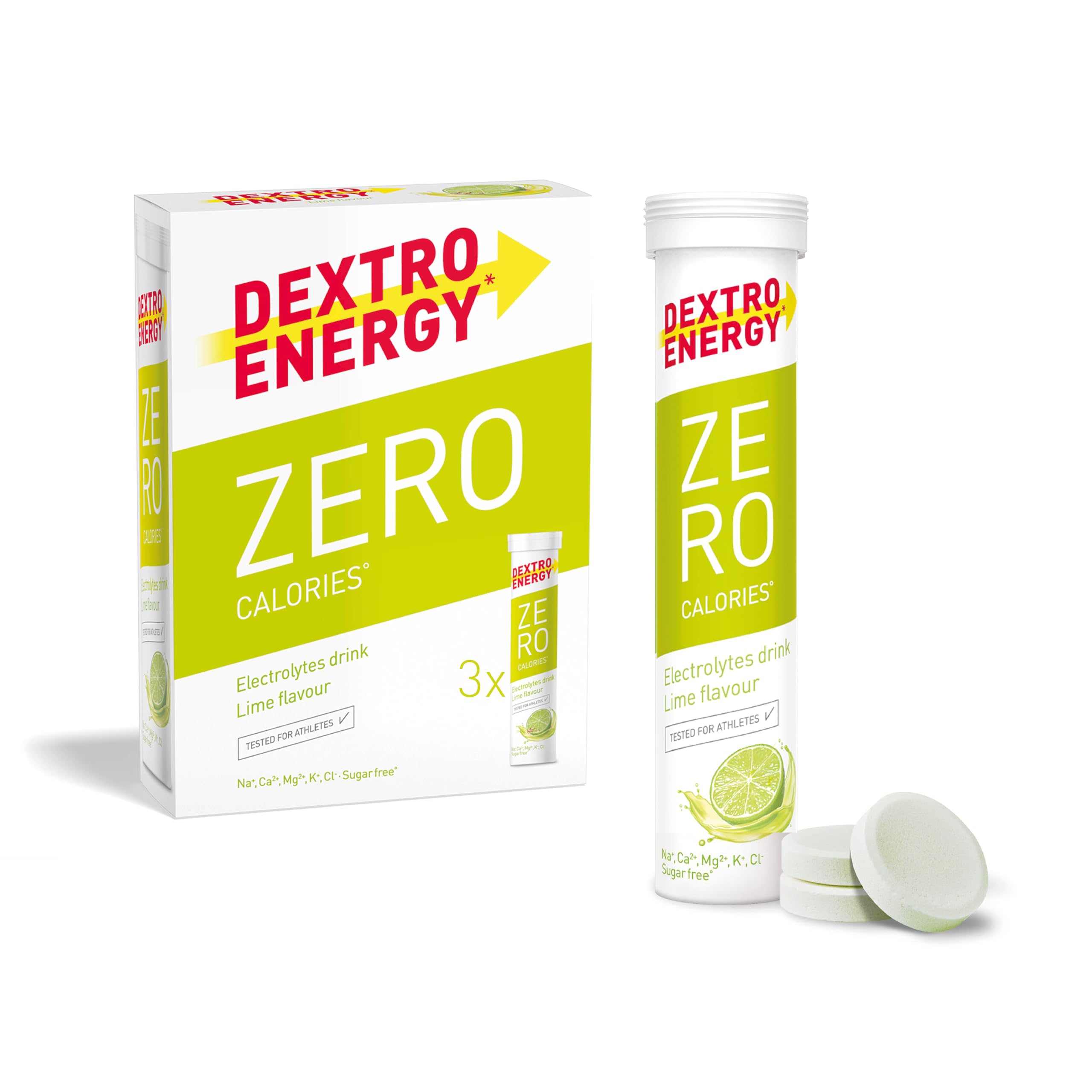 Dextro Energy Zero Calories I Recovery and Hydration Electrolyte Drink I Zero Effervescent Tablets I Lime | 3 Tubes, 60 Tablets |