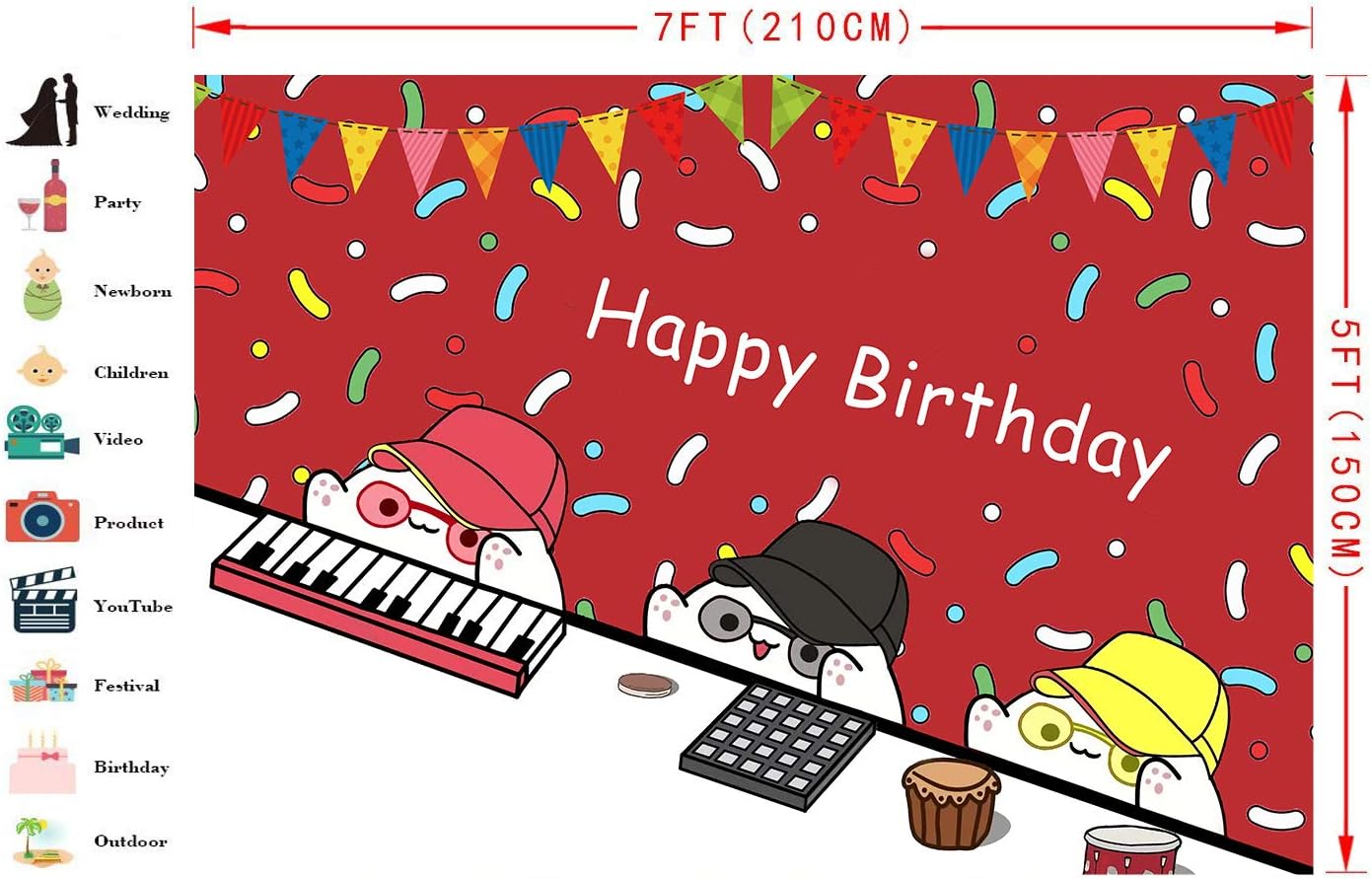 FHZON 7x5ft Birthday Party Banners Backdrop Colorful Flags On Red Background for Photography Funny Cartoon Animals Theme Party Wallpaper Photo Booth Props BJHXFH54 