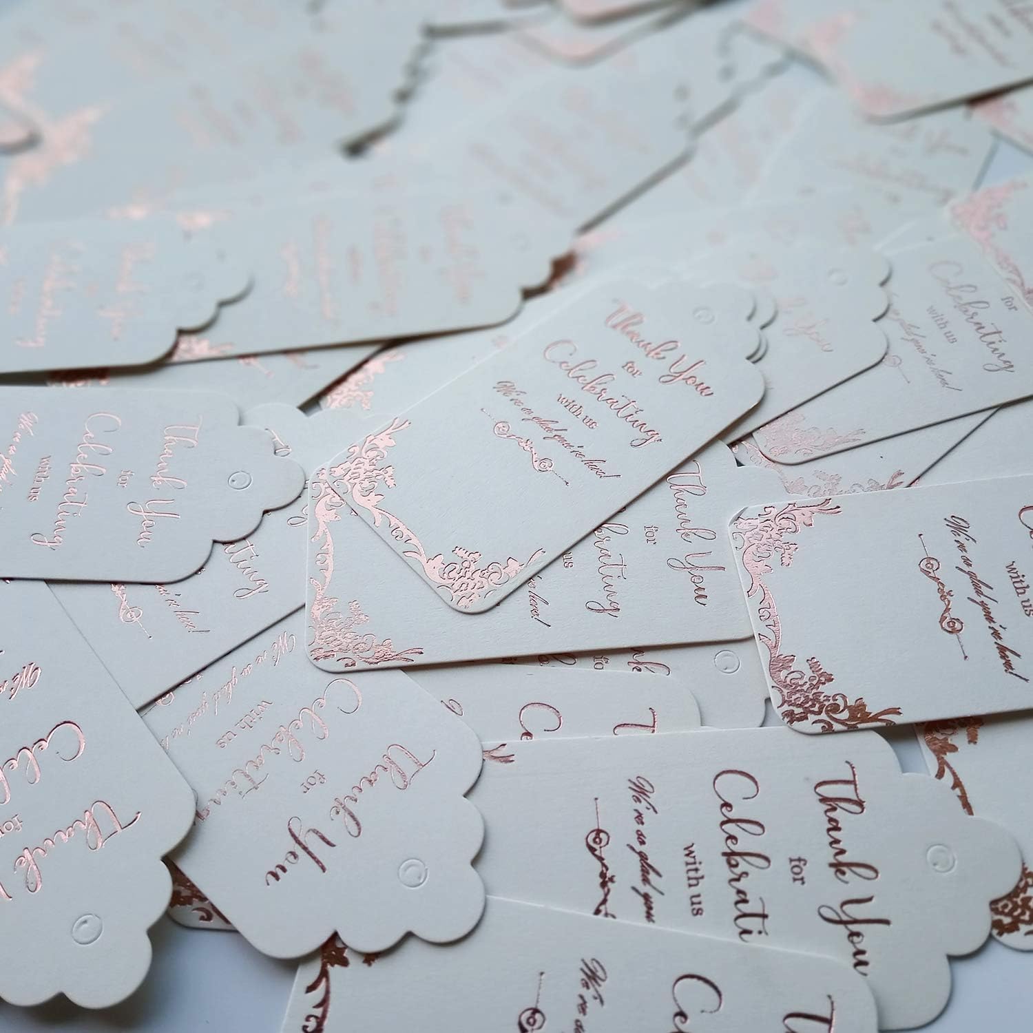 100 Wedding Favor Tags (Free Extra Long 328ft Twine), Rose Gold Foil Preprinted on White Tags with Writing Thank You for Celebrating with Us, We’re so Glad You’re Here : Office Products