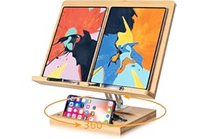 wishacc Book Stand for Reading, Adjustable Holder with 360° Rotating Base & Page Clips, Foldable Desktop Ricer for Large Books,Cookbook,Sheet Music,Laptop,Recipe,Textbook,Hands Free(15.4 x 11 inches)