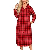 ENJOYNIGHT Womens Long Flannel Nightgown Plaid Nightshirt Button Down Pajamas Dress Long Sleeve Sleepshirts