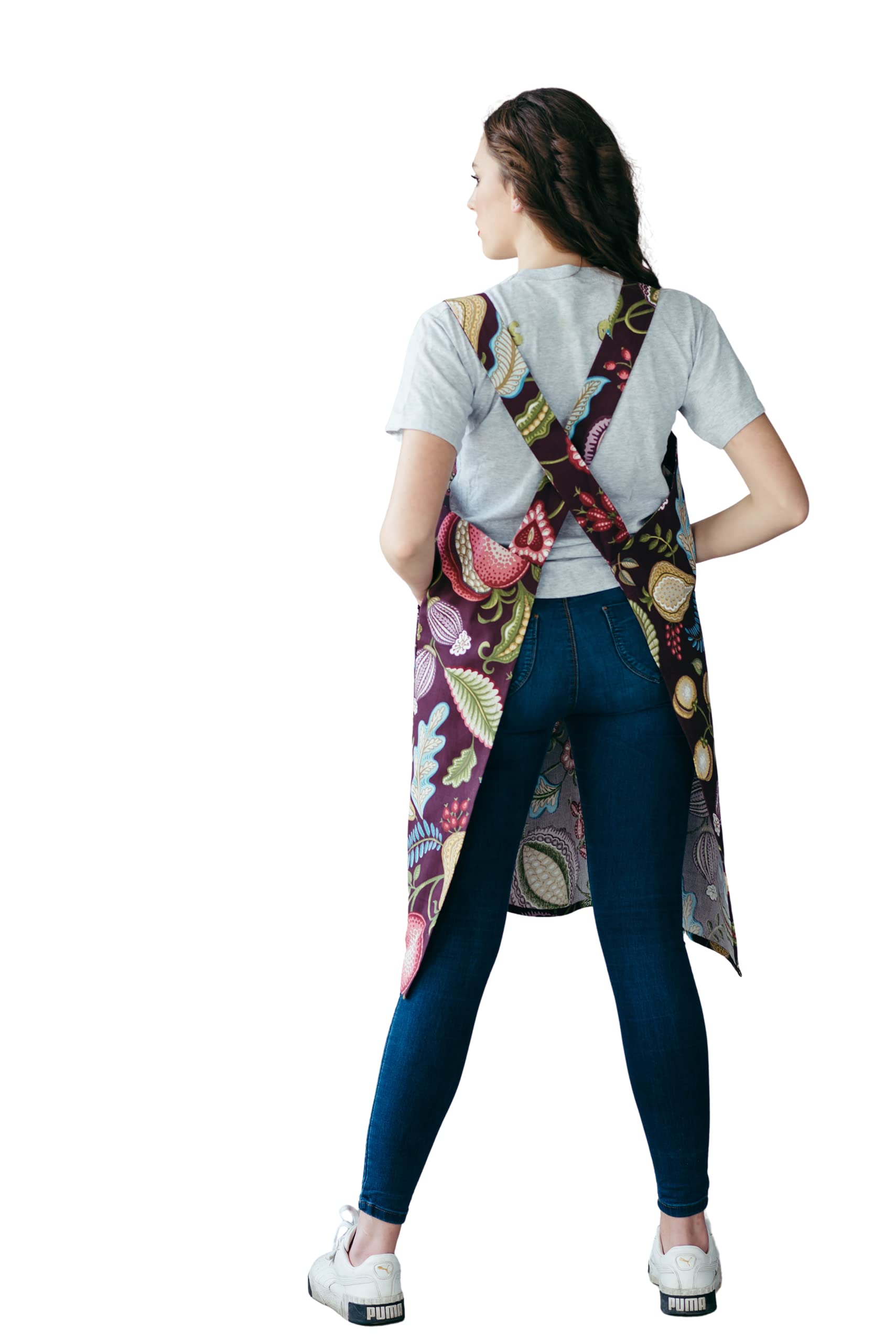 Bunny Street Cotton Pinafore Apron - Printed No Ties Japanese Apron for Women - Cross Back Apron with Pockets for Cooking, Gardening, Crafting (Wine)