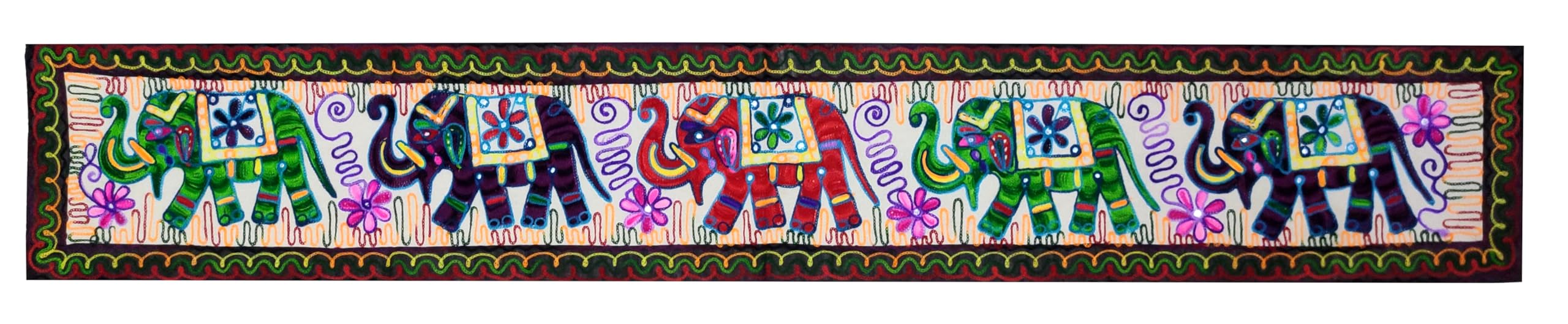 Purpledip Cotton Tapestry 'Trumpeting Elephants': Vintage Embroidery Table Runner or Wall Hanging (12234)