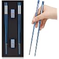 5 Pairs Titanium Plated Stainless Steel Chopsticks - 9.25 Inch, Non-Slip Tips, Square Laser Design, Gift Set - View #4