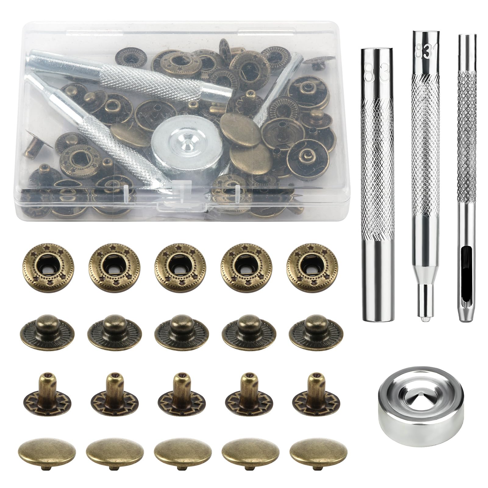 Press Studs Cap Buttons 12 Sets Metal Snap Buttons Kit 15mm Heavy Duty Leather Snap Fasteners with 4 Install Fixing Tools for Sewing Jeans Clothing Canvas Bags Jackets Belt DIY Crafts, Bronze