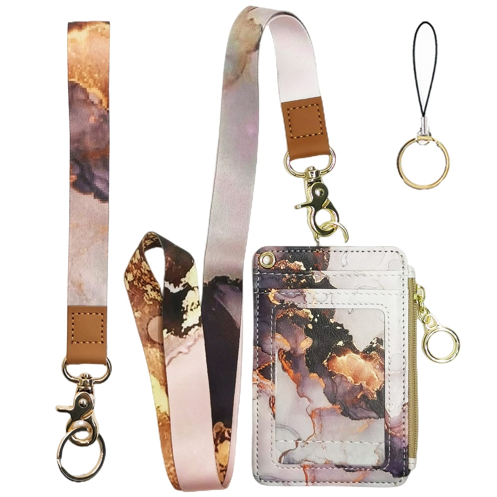 Marble ID Badge Holder with Lanyard,Card Name Tag Holders with Zipper,Vertical Lanyard Wallet for Work Office Nurse Doctor Medical Student Teacher Women Men