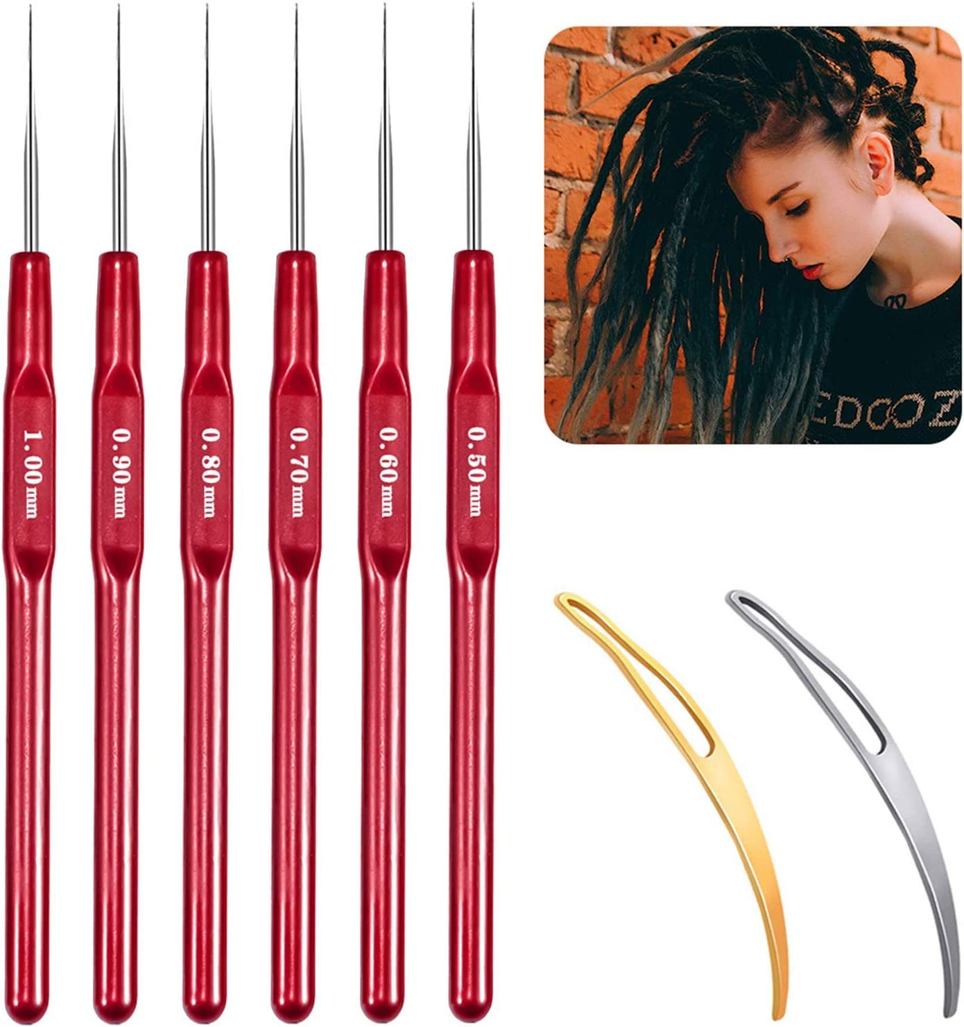 Dreadlock Crochet Hook Tool, Hair Crochet Needle Including 6pcs Dreadlock Crochets with Different Hook Needles and 2pcs Hair Locking Tools for Braid DIY Weaving Crafts (0.5-1.0mm)