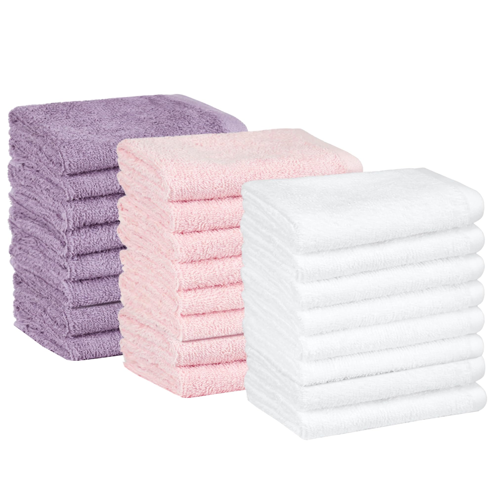 Amazon Basics washcloth for Bathroom, 100% Cotton Extra Absorbent, Fast Drying - Salon Towels, Petal Pink, Lavender, White, 12 x 12 in (Pack of 144) Image