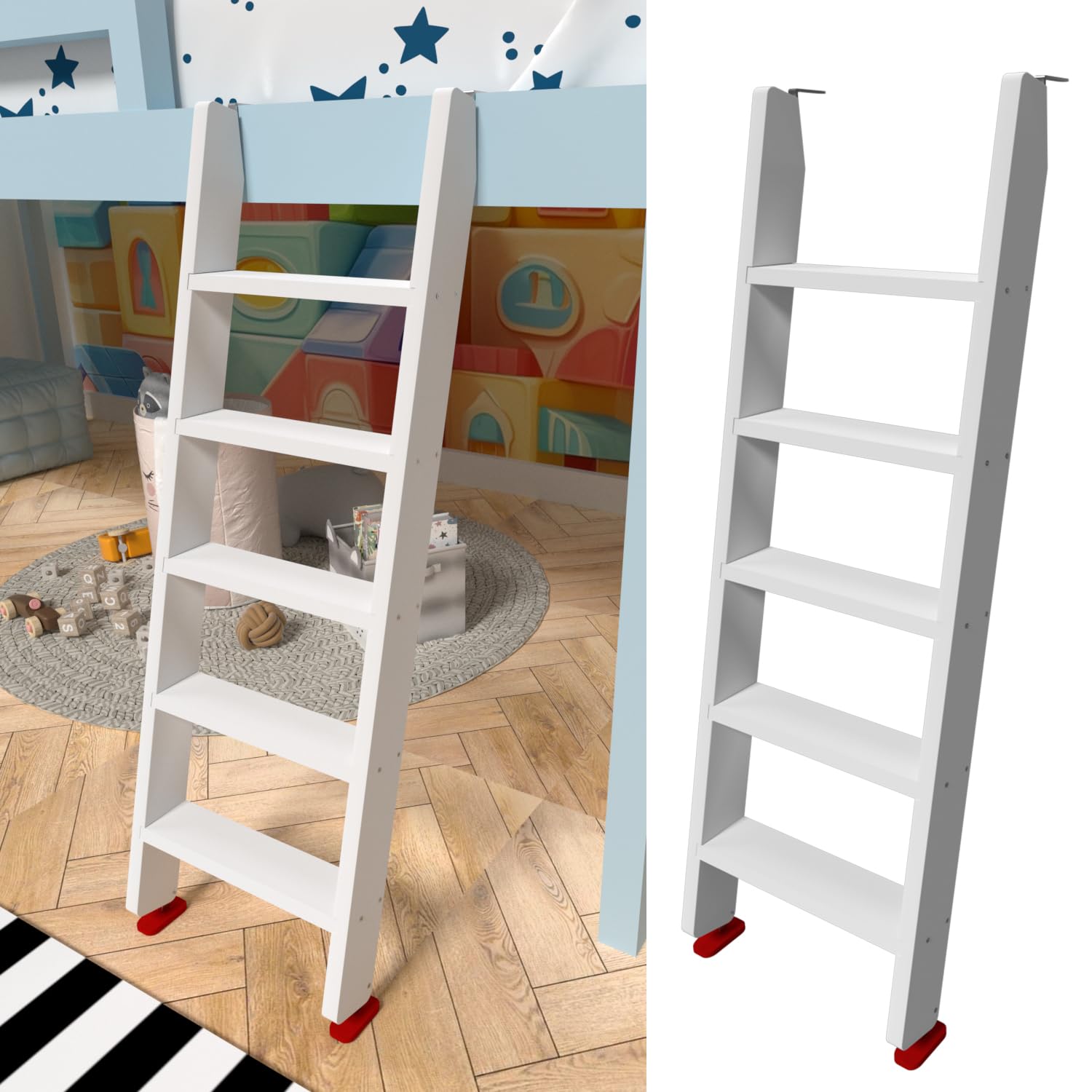 Photo 1 of 50" 55" 60" Black Wood Bunk Bed Ladder, Lofted/Dorm/RV Bed Bunkbed Ladders with 4in Extra Wide Steps and Non-Slip Pads, Replacement Wooden Ladder for Motorhome/Camping (White, 60in /153cm)