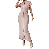 Verdusa Women's Sweater Dress Mock Neck Dolman Short Sleeve Slim Fitted Maxi Dresses