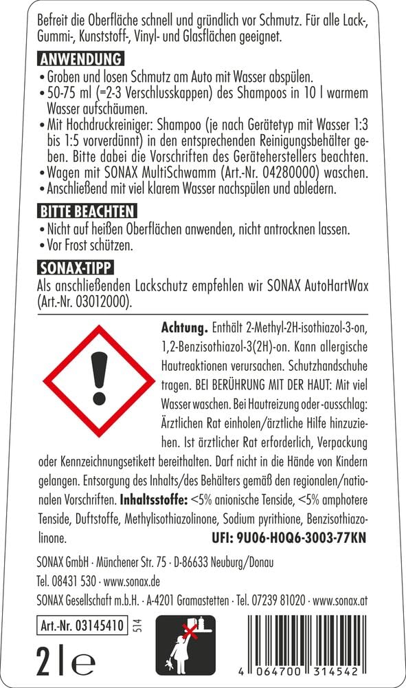 SONAX AutoShampoo Konzentrat (2 Liter) durchdringt und löst Schmutz gründlich, ohne Angreifen der Wachs-Schutzschicht | Art-Nr. 03145410 2