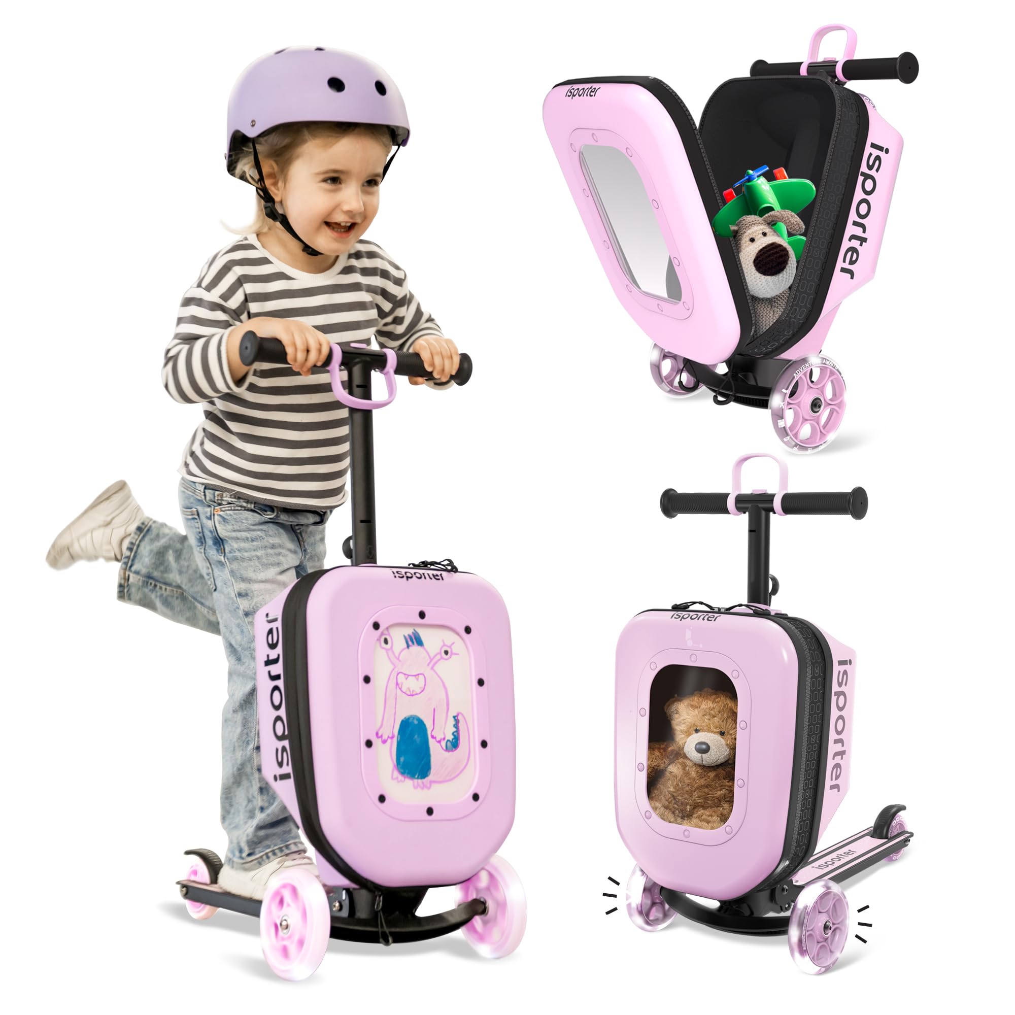 iSporter K3 Luggage Scooters for Kids 2-5 or 3-5, Toddler Scooter with Suitcase for Boys and Girls 2 Year Old and Up with Light Up Wheels, Foldable and Height Adjustable