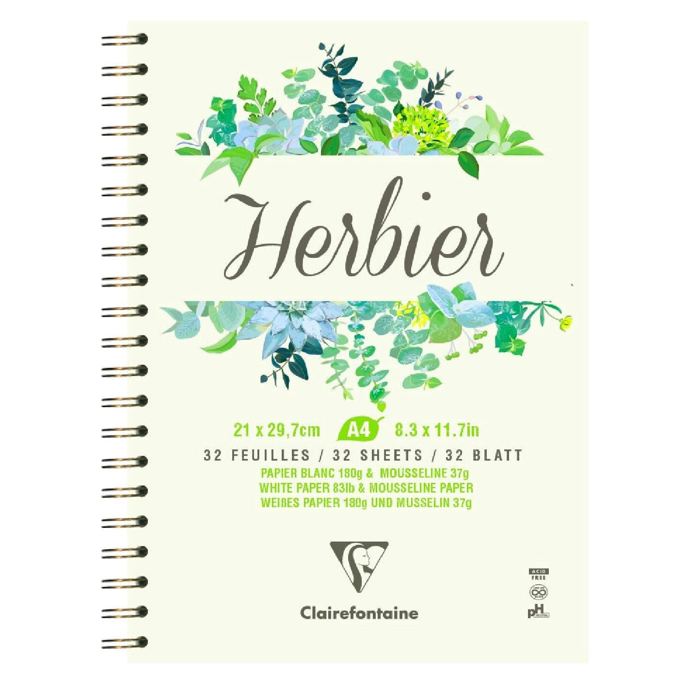 Clairefontaine - Ref 975179C - Graphic Arts Herbarium Wirebound Pad (32 Sheets) - 21 x 29.7m in Size, 180gsm White Paper with 37gsm Mousseline Paper Dividers, A4