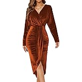 NiPaMi Women's V Neck Long Sleeve Ruched Dress Sexy Velvet Cocktail Party Evening Club Midi Dresses