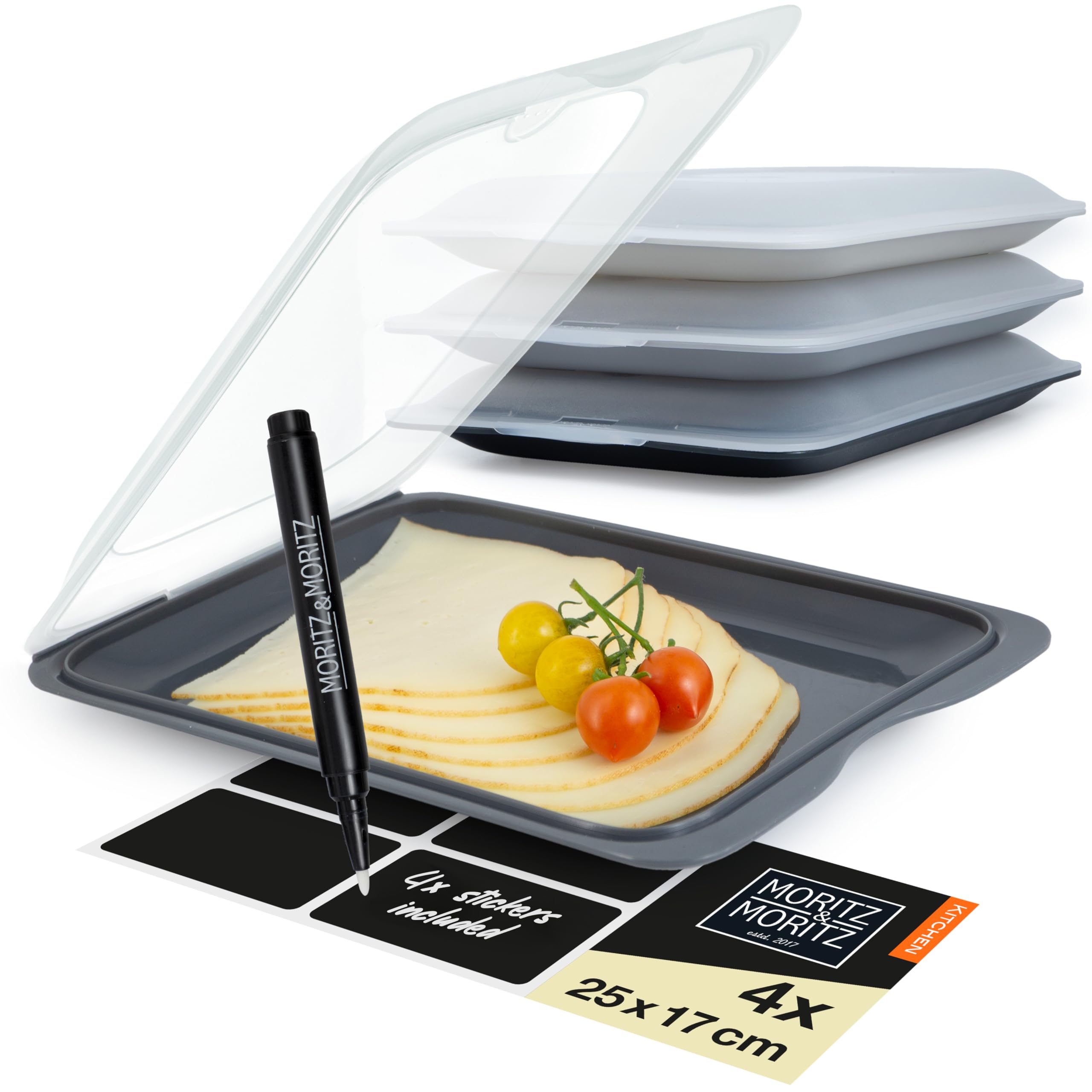 Moritz & Moritz 4x Cold Meat Containers for Fridge - Stackable - Grey Colours - Airtight Cold Cuts Storage Containers with Lids for Storing Cold Meats, Cheese etc. - with Stickers for Labelling